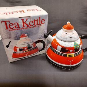 Vintage Roshco Santa Claus Porcelain Enamel on Steel 3-Quart Tea Kettle